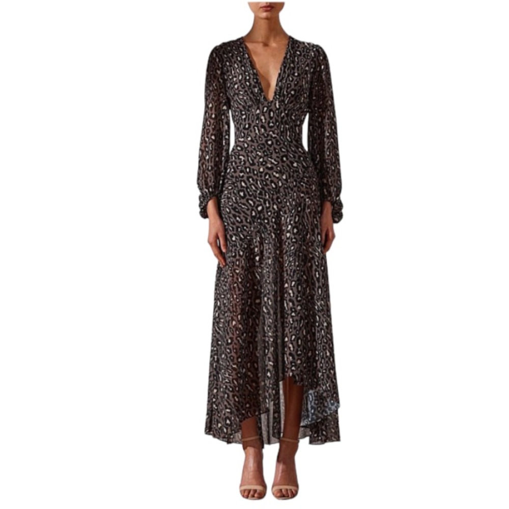 Shona Joy Dress *Altered* Buell Plunge V-neck Leopard Olive 2 Long Sleeves Party